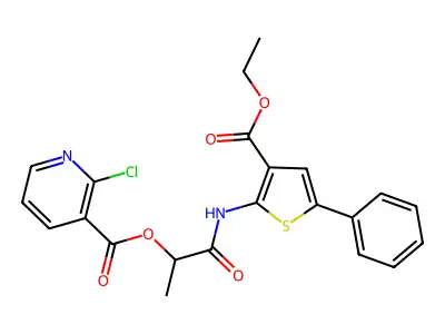 1-[(3-ethoxycarbonyl-5-phenyl-thiophen-2-yl)carbamoyl]ethyl 2-chloropyridine-3-carboxylate structure