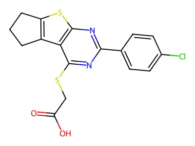 2-{[10-(4-chlorophenyl)-7-thia-9,11-diazatricyclo[6.4.0.0,2,6]dodeca-1(12),2(6),8,10-tetraen-12-yl]sulfanyl}acetic acid structure