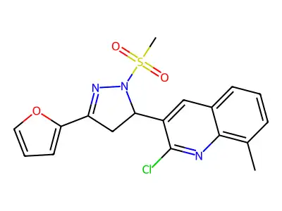 2-chloro-3-(3-(furan-2-yl)-1-(methylsulfonyl)-4,5-dihydro-1H-pyrazol-5-yl)-8-methylquinoline structure