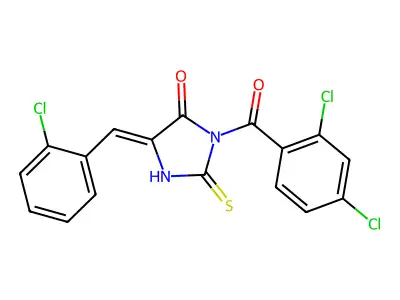 5-[(2-chlorophenyl)methylidene]-3-(2,4-dichlorobenzoyl)-2-sulfanylideneimidazolidin-4-one structure