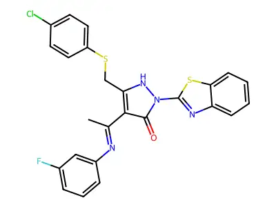 1-(1,3-benzothiazol-2-yl)-3-{[(4-chlorophenyl)sulfanyl]methyl}-4-[(1E)-N-(3-fluorophenyl)ethanimidoyl]-1H-pyrazol-5-ol structure