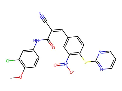 (Z)-N-(3-Chloro-4-methoxyphenyl)-2-cyano-3-(3-nitro-4-pyrimidin-2-ylsulfanylphenyl)prop-2-enamide structure