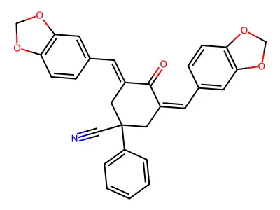 3,5-bis[(1,3-dioxaindan-5-yl)methylidene]-4-oxo-1-phenylcyclohexane-1-carbonitrile structure