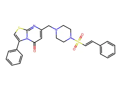 3-phenyl-7-[[4-[(E)-2-phenylethenyl]sulfonylpiperazin-1-yl]methyl]-[1,3]thiazolo[3,2-a]pyrimidin-5-one structure