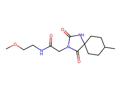 N-(2-methoxyethyl)-2-(8-methyl-2,4-dioxo-1,3-diazaspiro[4.5]dec-3-yl)acetamide structure