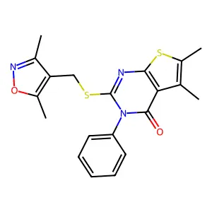 2-(((3,5-dimethylisoxazol-4-yl)methyl)thio)-5,6-dimethyl-3-phenylthieno[2,3-d]pyrimidin-4(3H)-one structure