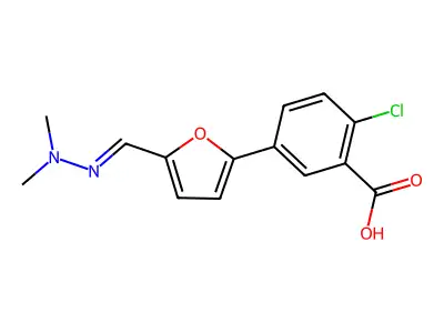 2-chloro-5-[5-[(E)-(dimethylhydrazinylidene)methyl]furan-2-yl]benzoic acid structure