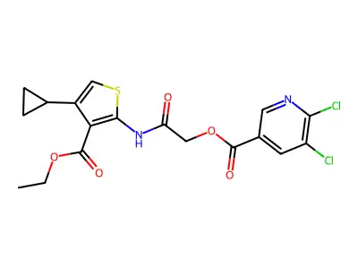 (4-cyclopropyl-3-ethoxycarbonyl-thiophen-2-yl)carbamoylmethyl 5,6-dichloropyridine-3-carboxylate structure