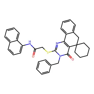 2-((3-benzyl-4-oxo-4,6-dihydro-3H-spiro[benzo[h]quinazoline-5,1'-cyclohexan]-2-yl)thio)-N-(naphthalen-1-yl)acetamide structure