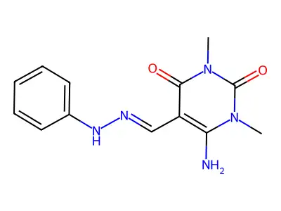6-amino-1,3-dimethyl-5-[(E)-(phenylhydrazinylidene)methyl]pyrimidine-2,4-dione structure