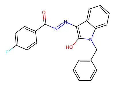 N-(1-benzyl-2-hydroxyindol-3-yl)imino-4-fluorobenzamide structure