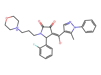 [2-(2-fluorophenyl)-1-(3-morpholin-4-ium-4-ylpropyl)-4,5-dioxopyrrolidin-3-ylidene]-(5-methyl-1-phenylpyrazol-4-yl)methanolate structure
