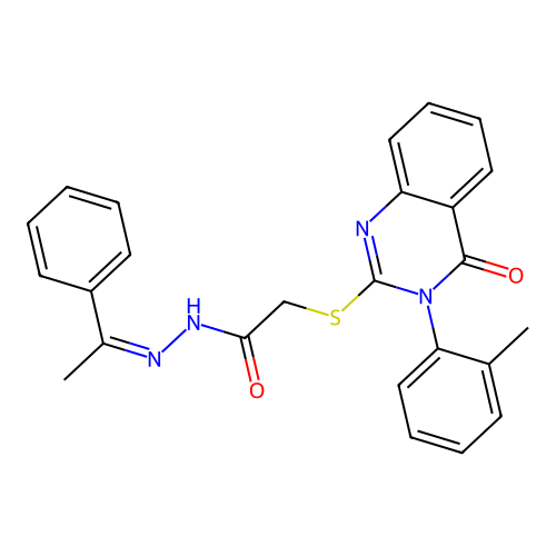 2-[3-(2-methylphenyl)-4-oxo-quinazolin-2-yl]sulfanyl-N-(1-phenylethylideneamino)acetamide structure