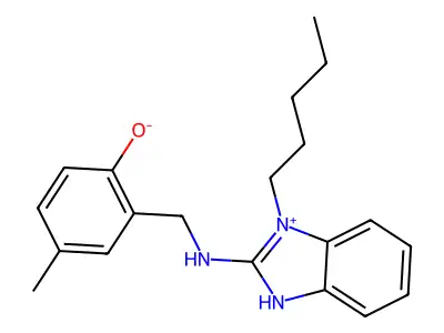 4-methyl-2-[[(3-pentyl-1H-benzimidazol-3-ium-2-yl)amino]methyl]phenolate structure