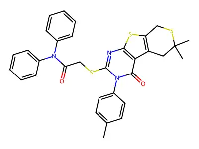 2-((6,6-dimethyl-4-oxo-3-(p-tolyl)-4,5,6,8-tetrahydro-3H-thiopyrano[4',3':4,5]thieno[2,3-d]pyrimidin-2-yl)thio)-N,N-diphenylacetamide structure