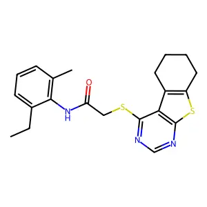 N-(2-ethyl-6-methylphenyl)-2-(5,6,7,8-tetrahydro[1]benzothieno[2,3-d]pyrimidin-4-ylsulfanyl)acetamide structure