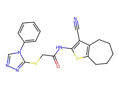 N-(3-cyano-5,6,7,8-tetrahydro-4H-cyclohepta[b]thiophen-2-yl)-2-[(4-phenyl-1,2,4-triazol-3-yl)sulfanyl]acetamide structure