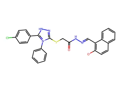 1-[[[2-[[5-(4-chlorophenyl)-4-phenyl-1H-1,2,4-triazol-4-ium-3-yl]sulfanyl]acetyl]hydrazinylidene]methyl]naphthalen-2-olate structure