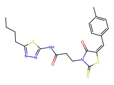 N-(5-butyl-1,3,4-thiadiazol-2-yl)-3-[5-[(4-methylphenyl)methylidene]-4-oxo-2-sulfanylidene-1,3-thiazolidin-3-yl]propanamide structure
