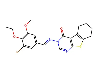 3-[(E)-(3-bromo-4-ethoxy-5-methoxyphenyl)methylideneamino]-5,6,7,8-tetrahydro-[1]benzothiolo[2,3-d]pyrimidin-4-one structure