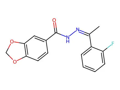 N-[1-(2-fluorophenyl)ethylideneamino]benzo[1,3]dioxole-5-carboxamide structure