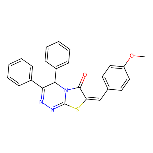 (E)-7-(4-methoxybenzylidene)-3,4-diphenyl-4H-thiazolo[2,3-c][1,2,4]triazin-6(7H)-one structure
