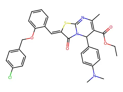 ETHYL (8Z)-8-[[2-[(4-CHLOROPHENYL)METHOXY]PHENYL]METHYLIDENE]-2-(4-DIMETHYLAMINOPHENYL)-4-METHYL-9-OXO-7-THIA-1,5-DIAZABICYCLO[4.3.0]NONA-3,5-DIENE-3-CARBOXYLATE structure