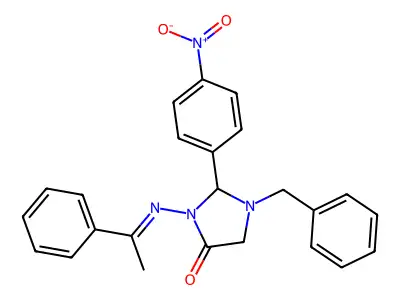1-benzyl-2-(4-nitrophenyl)-3-[(E)-1-phenylethylideneamino]imidazolidin-4-one structure