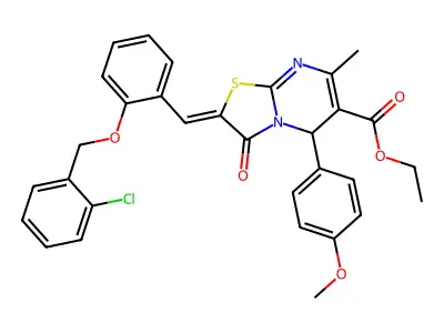ethyl (2Z)-2-[[2-[(2-chlorophenyl)methoxy]phenyl]methylidene]-5-(4-methoxyphenyl)-7-methyl-3-oxo-5H-[1,3]thiazolo[3,2-a]pyrimidine-6-carboxylate structure