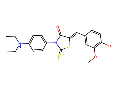 4-({3-[4-(Diethylazaniumyl)phenyl]-4-oxo-2-sulfanylidene-1,3-thiazolidin-5-ylidene}methyl)-2-methoxyphenolate structure