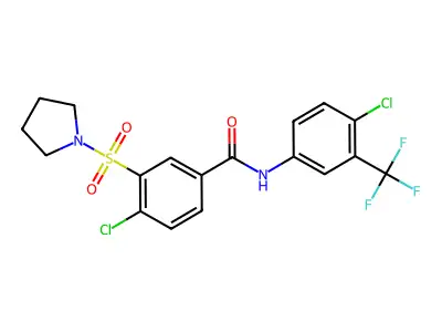 4-chloro-N-[4-chloro-3-(trifluoromethyl)phenyl]-3-(pyrrolidin-1-ylsulfonyl)benzamide structure