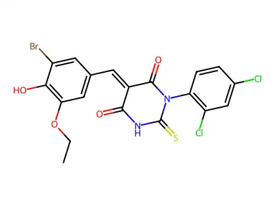 (5E)-5-[(3-bromo-5-ethoxy-4-hydroxyphenyl)methylidene]-1-(2,4-dichlorophenyl)-2-sulfanylidene-1,3-diazinane-4,6-dione structure