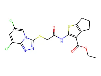 ethyl 2-[[2-[(6,8-dichloro-[1,2,4]triazolo[4,3-a]pyridin-3-yl)sulfanyl]acetyl]amino]-5,6-dihydro-4H-cyclopenta[b]thiophene-3-carboxylate structure