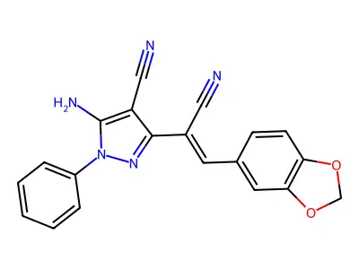 5-amino-3-[(Z)-2-(1,3-benzodioxol-5-yl)-1-cyanoethenyl]-1-phenylpyrazole-4-carbonitrile structure