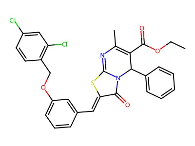 ethyl 2-[[3-[(2,4-dichlorophenyl)methoxy]phenyl]methylidene]-7-methyl-3-oxo-5-phenyl-5H-[1,3]thiazolo[3,2-a]pyrimidine-6-carboxylate structure