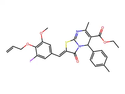 ethyl (2Z)-2-[(3-iodo-5-methoxy-4-prop-2-enoxyphenyl)methylidene]-7-methyl-5-(4-methylphenyl)-3-oxo-5H-[1,3]thiazolo[3,2-a]pyrimidine-6-carboxylate structure