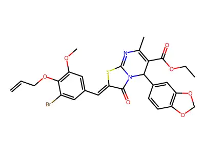 ethyl (2Z)-5-(1,3-benzodioxol-5-yl)-2-[(3-bromo-5-methoxy-4-prop-2-enoxyphenyl)methylidene]-7-methyl-3-oxo-5H-[1,3]thiazolo[3,2-a]pyrimidine-6-carboxylate structure