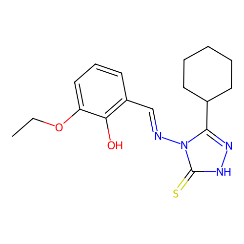 2-{[(3-cyclohexyl-5-mercapto-4H-1,2,4-triazol-4-yl)imino]methyl}-6-ethoxyphenol structure