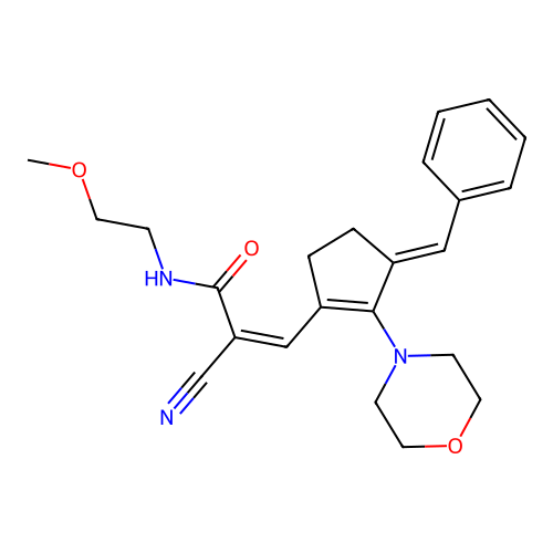 2-cyano-N-(2-methoxyethyl)-3-[2-(morpholin-4-yl)-3-(phenylmethylidene)cyclopent-1-en-1-yl]prop-2-enamide structure