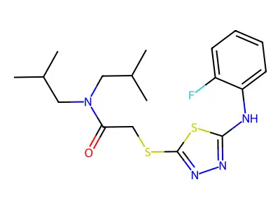 2-[[5-(2-fluoroanilino)-1,3,4-thiadiazol-2-yl]sulfanyl]-N,N-bis(2-methylpropyl)acetamide structure