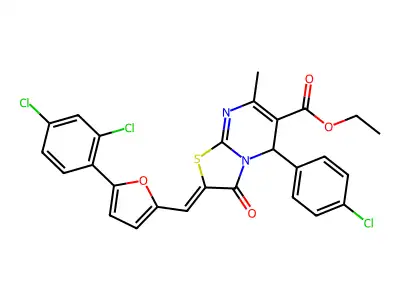 ethyl (2Z)-5-(4-chlorophenyl)-2-[[5-(2,4-dichlorophenyl)furan-2-yl]methylidene]-7-methyl-3-oxo-5H-[1,3]thiazolo[3,2-a]pyrimidine-6-carboxylate structure