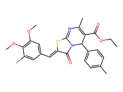 ethyl (2Z)-2-[(3-iodo-4,5-dimethoxyphenyl)methylidene]-7-methyl-5-(4-methylphenyl)-3-oxo-5H-[1,3]thiazolo[3,2-a]pyrimidine-6-carboxylate structure