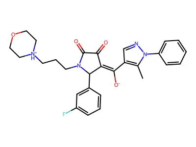 [2-(3-fluorophenyl)-1-(3-morpholin-4-ium-4-ylpropyl)-4,5-dioxopyrrolidin-3-ylidene]-(5-methyl-1-phenylpyrazol-4-yl)methanolate structure