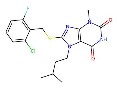 8-((2-chloro-6-fluorobenzyl)thio)-7-isopentyl-3-methyl-1H-purine-2,6(3H,7H)-dione structure