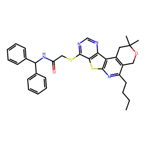 2-[(5-butyl-2,2-dimethyl-1,4-dihydro-2H-pyrano[4'',3'':4',5']pyrido[3',2':4,5]thieno[3,2-d]pyrimidin-8-yl)sulfanyl]-N-(diphenylmethyl)acetamide structure