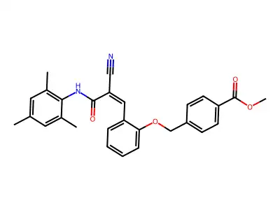 methyl 4-[(2-{2-cyano-2-[(2,4,6-trimethylphenyl)carbamoyl]eth-1-en-1-yl}phenoxy)methyl]benzoate structure