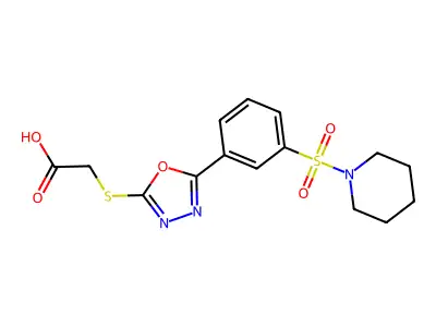 ({5-[3-(Piperidin-1-ylsulfonyl)phenyl]-1,3,4-oxadiazol-2-yl}sulfanyl)acetic acid structure