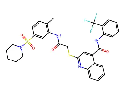 2-[[2-[[2-Methyl-5-(1-piperidinylsulfonyl)phenyl]amino]-2-oxoethyl]thio]-N-[2-(trifluoromethyl)phenyl]-4-quinolinecarboxamide structure