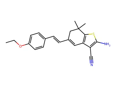 2-amino-5-[2-(4-ethoxyphenyl)ethenyl]-7,7-dimethyl-6,7-dihydro-1-benzothiophene-3-carbonitrile structure