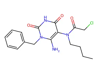 N-(6-amino-1-benzyl-2,4-dioxo-1,2,3,4-tetrahydropyrimidin-5-yl)-N-butyl-2-chloroacetamide structure